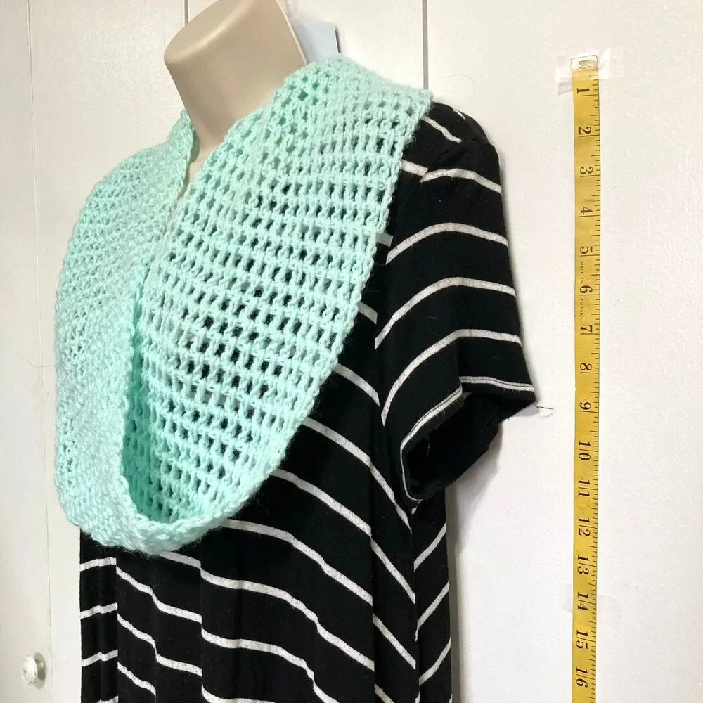 Infinity Scarf Light Teal Blue Windowpane Crochet Design 40 x 7.5 inches